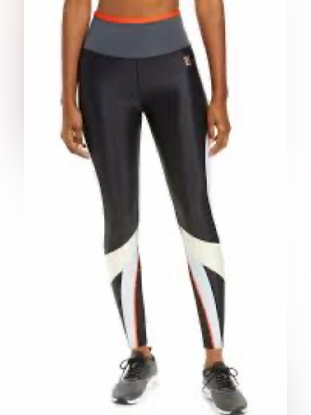 P.E Nation Black and Gray Leggings with Orange and White Accents
